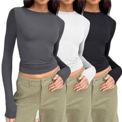 DaPongZhi 3er Pack Langarmshirt Tunika Damen Basic T-Shirt Crop Top Y2K Slim Fit Oberteile Casual Rundhals Tee Shirt Einfarbig Basic Tops Teenager Streetwear (01-F, S) von DaPongZhi