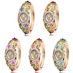 Dacdyi Damen 5 Stück Großhandel Uhr Elegant Armreif Armband Kristall Runde Zifferblatt mit Blume Armbanduhr, Mehrfarbig, Elegant von Dacdyi