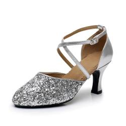 Damen Glitzer Tanzschuhe Salsa Tango Ballsaal Latin Hochzeit und Partys Pumps Dance Shoes(Silber,EU 36) von Daciyka