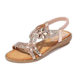 Dacomfy Flache Sandalen für Damen, Strasssteine, Bohemian-Stil, mit Perlen, Glitzer, Kleid, Sandalen, elastisches Band, Sommer, Strandschuhe von Dacomfy