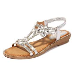 Dacomfy Flache Sandalen für Damen, mit Strasssteinen, für den Sommer, Bohemian-Stil, mit Perlen, Glitzer, Freizeit-Sandalen, elastisches Band, Strandschuhe von Dacomfy