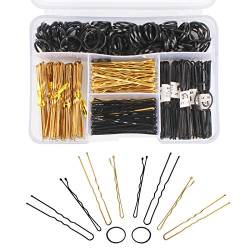 Dadabig 320 Stück Haarspangen und U Haarnadel, Enthält 100 Bobby Pin Haarspangen + 100 U Haarspangen + 120 Gummibänder mit 1 Transparenten Aufbewahrungsboxen für Kinder Mädchen Frauen (Gold&Schwarz) von Dadabig