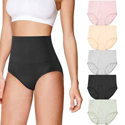 5 Stück Slips, Frauen Baumwolle Hoher Taille Unterwäsche, Stretch Höschen Unterhosen, Bauchweg Damen Pantys High Waist Taillenslip, Bauchkontrolle Panties Mehrpack von Daelesr