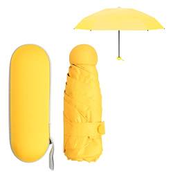 Regenschirm Klein für Damen Herren Kinder, 6 Rippen Starker Regenschirme Kompakter mit Etui, Faltbarer Umbrella UV Schutz UPF50+ Winddicht Leicht, Taschenschirm Mini für Reise (Gelb) von Daelesr