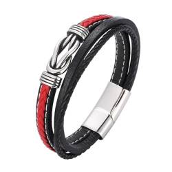 Daesar Armbänder Leder Herren 20.5CM, Lederarmband 3-Layer mit Knoten Breit 12MM Schwarz Rot Edelstahl Magnetverschluss Freundschaftsarmband Partnerarmband Personalisiert von Daesar