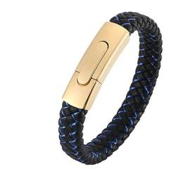 Daesar Armbänder Leder Männer, Lederarmband Herren Rocker Geflochten mit Blau Streifen 12MM Druckknopfverschluss Partnerarmband Leder 18.5CM Schwarz Blau von Daesar