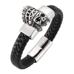 Daesar Herren Armbänder Leder, Partnerarmband Personalisiert Breit 12MM Indianer Totenkopf Charm Lederarmband Schwarz mit Magnetverschluss 18.5CM von Daesar