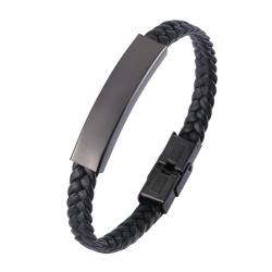 Daesar Lederarmband Herren mit Sicherheitsverschluss, Charm Armbänder Leder mit Glänzend Schild Partnerarmband Edelstahl Armband Schwarz Leder 16.5CM von Daesar