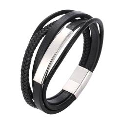 Daesar Partnerarmband Leder 20.5CM, Leder Armbänder Herren Mehrschichtig mit Schild 12MM Edelstahl Magnetverschluss Lederarmband Personalisiert Schwarz von Daesar