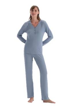 Dagi Women's Blue Long Sleeve Ribbed Viscose Knitted T-Shirt & Trousers Pyjama Set, Blue,M von Dagi