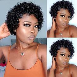 DaiMer Lace Pixie Cut Wigs Lace Front Short Curly Human Hair Wigs for Women Natural Hairline 130% Density Bob Wig 6 Inch 13x1 Free Part Transparent wigs Easy to Wear (Natural Black) von DaiMer