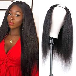 U Part Wig Yaki Straight Human Hair Wig for Black Women Gulueless Kinky Straight U Part Wigs 2x4 U Shape Clip in Wig Brazilian Virgin Hair 150% Density Natural Color （18 Inch，Half Wig） von DaiMer