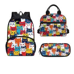 Dajingkj Bunt Katzen Schulrucksack für Jungen Mädchen Schulranzen Set für Kinder mit Lunchbag und Federmappe Rucksack Büchertasche für Teens für Grundschule Mittelschule von Dajingkj