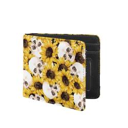 Dajingkj Geldbörse Herren Jungen Totenkopf und Sonnenblume PU Leder Portemonnaie mit Ausweisfach für Männer Einzigartiges Design Brieftasche mit Kreditkartenetui von Dajingkj