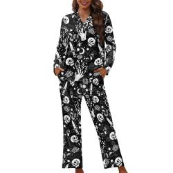 Dajingkj Schlafanzug Damen Lang Totenköpfe Couple Pyjama Set Herren Langearm Zweiteiliger V-Ausschnitt Nachtwäsche mit Knopfleiste Bequemer Oberteil und Pyjamahose Hausanzug L von Dajingkj