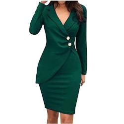 Blazerkleid Damen Kleid Langarm Velvet Winterkleid V Ausschnitt Midi Businesskleider Attraktiver Knielang Schlank Wickelkleid Hüftwickel Bleistiftkleid Einfarbig Bürokleid mit Knöpfe (Armee grün, L) von Dajowake