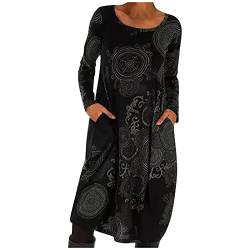 Kleid Damen Warm Lang Sweatkleid Rundhals Boho Winterkleid Weich Bequem Lässig Freiizeitkleid Lose Langarm Frühling Kleider mit Taschen Blumen Drucken Cordkleid für Alltag (Grau, S) von Dajowake