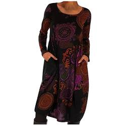 Kleid Damen Warm Lang Sweatkleid Rundhals Boho Winterkleid Weich Bequem Lässig Freiizeitkleid Lose Langarm Frühling Kleider mit Taschen Blumen Drucken Cordkleid für Alltag (Rot, XXL) von Dajowake