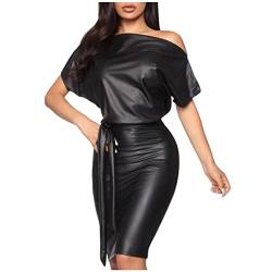 Kleid Schwarz Damen Sexy Leder Etuikleid Casual Kurzarm Winterkleid Hohe Taille Schnüren Tunika Wickelkleid Hüftwickel Eng Trägerloses Knielang Bleistiftkleid Midi Freiizeitkleid (Schwarz, S) von Dajowake