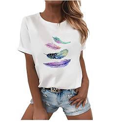 Sommer Tops Damen Baumwolle Tshirt Casual Lose Oberteile Rundhals Basic Kurzarm Tee Shirts mit Feder Schmetterling Aufdruck Bluse Longshirt Elegant Leicht Tunika Sportshirt für Frauen von Dajowake