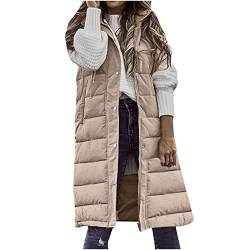 Steppweste Damen Lang Longweste Ärmellose Casual Daunenmantel Outdoor Elegant Daunenweste Warme Herbst Winter Weste Einfarbig Flauschig Steppjacke Lange Taschen Übergangsmantel von Dajowake