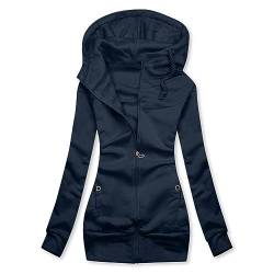 Sweatjacke Damen Baumwolle ÜBergangsjacke Langarm Hoodie mit Kapuze Kapuzenpullover Casual Frauenmantel Herbst Winter Outwear Elegant ReißVerschluss ÜBergangsmantel Lange äRmel (L, Dunkelblau) von Dajowake