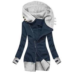 Sweatjacke Damen Lang Baumwolle Kapuzenjacke Casual Langarm Sweatshirt mit Kapuze Jacke Warm Gefüttert Hoodie Herbst Winter Elegant Fleecejacke Reißverschluss Farbblock Übergangsjacke (3XL, Marine) von Dajowake