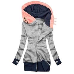 Sweatjacke Damen Lang Baumwolle Kapuzenjacke Casual Langarm Sweatshirt mit Kapuze Jacke Warm Gefüttert Hoodie Herbst Winter Elegant Fleecejacke Reißverschluss Farbblock Übergangsjacke (3XL, Grau) von Dajowake