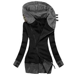 Sweatjacke Damen Lang Baumwolle Kapuzenjacke Casual Langarm Sweatshirt mit Kapuze Jacke Warm Gefüttert Hoodie Herbst Winter Elegant Fleecejacke Reißverschluss Farbblock Übergangsjacke (S, Schwarz) von Dajowake