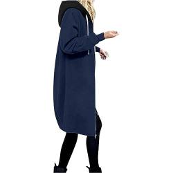 Sweatjacke Damen Lange Ärmel Kapuzenjacke Baumwolle Weiche Jacke Mittellanger Elegant Trenchcoat mit Kapuze Parka Winterjacke Einfarbig Gemütlich Kapuzenjacke Lockere Outdoor Outwear (S, Blau) von Dajowake