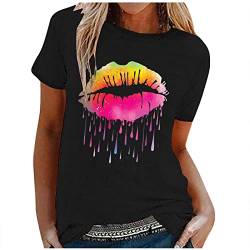 T Shirt Damen Kurzarm Tops mit Lippen Drucken Karneval Kostüm Sommer Oberteile Sexy T-Shirt Oversize Bluse Top Bunt Bedruckt Rundhals Shirt Tunika Print Tee Tshirt 80 Jahre Thema Party von Dajowake