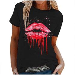 T Shirt Damen Kurzarm Tops mit Lippen Drucken Karneval Kostüm Sommer Oberteile Sexy T-Shirt Oversize Bluse Top Bunt Bedruckt Rundhals Shirt Tunika Print Tee Tshirt 80 Jahre Thema Party von Dajowake