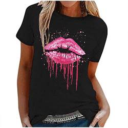 T Shirt Damen Kurzarm Tops mit Lippen Drucken Karneval Kostüm Sommer Oberteile Sexy T-Shirt Oversize Bluse Top Bunt Bedruckt Rundhals Shirt Tunika Print Tee Tshirt 80 Jahre Thema Party von Dajowake