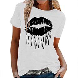 T Shirt Damen Kurzarm Tops mit Lippen Drucken Karneval Kostüm Sommer Oberteile Sexy T-Shirt Oversize Bluse Top Bunt Bedruckt Rundhals Shirt Tunika Print Tee Tshirt 80 Jahre Thema Party von Dajowake