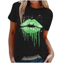 T Shirt Damen Kurzarm Tops mit Lippen Drucken Karneval Kostüm Sommer Oberteile Sexy T-Shirt Oversize Bluse Top Bunt Bedruckt Rundhals Shirt Tunika Print Tee Tshirt 80 Jahre Thema Party von Dajowake