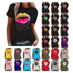 T Shirt Damen Kurzarm Tops mit Lippen Drucken Karneval Kostüm Sommer Oberteile Sexy T-Shirt Oversize Bluse Top Bunt Bedruckt Rundhals Shirt Tunika Print Tee Tshirt 80 Jahre Thema Party von Dajowake