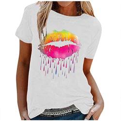 T Shirt Damen Kurzarm Tops mit Lippen Drucken Karneval Kostüm Sommer Oberteile Sexy T-Shirt Oversize Bluse Top Bunt Bedruckt Rundhals Shirt Tunika Print Tee Tshirt 80 Jahre Thema Party von Dajowake