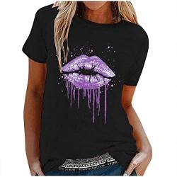 T Shirt Damen Kurzarm Tops mit Lippen Drucken Karneval Kostüm Sommer Oberteile Sexy T-Shirt Oversize Bluse Top Bunt Bedruckt Rundhals Shirt Tunika Print Tee Tshirt 80 Jahre Thema Party von Dajowake