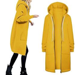 Windbreaker Damen Lange Ärmel Sweatjacke Wolle Kapuzenjack Mittellanger Übergangsjackee Reißverschluss Kapuzenpullover für den Alltagr Winterjacke mit Kapuze Outwear in der Tasche (L, Gelb) von Dajowake