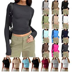 Y2K Langarm Crop Top Damen Sexy Rundhals Oberteil Backless Slim T-Shirt Aesthetic Rückenfreies Bluse Streetwear Tops Teenager Mädchen Clothes Frühling Sommer Basic Eng Tee Shirts von Dajowake