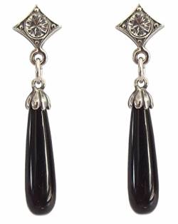 Damen Ohrringe 925 Silber Art Deco Stil Onyx Abhängung von Dakota House