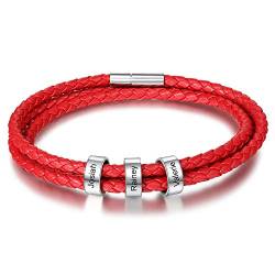 Damei Personalisierter Armbänder für Männer Damen mit Gravur Silber Anhänger Lederarmband mit Namen Gravur für Männer Frauen Echtlederarmband Schmuck für Herren - Kautschuk Kette (Red) von Damei