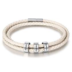 Damei Personalisierter Armbänder für Männer Damen mit Gravur Silber Anhänger Lederarmband mit Namen Gravur für Männer Frauen Echtlederarmband Schmuck für Herren - Kautschuk Kette (White) von Damei