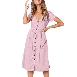 Hemdblusenkleid Damen Kleider Knielange Minikleid Shirtkleid Frühling Sommer Casual V-Ausschnitt Button Up Solide Knielang Kleid Sommerkleid (L, Pink) von Damen Kleider
