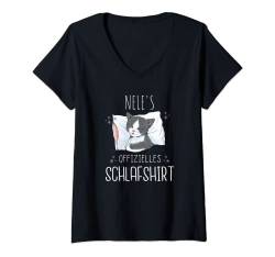 Damen Offizielles Schlafshirt Katze Personalisiert Name Nele T-Shirt mit V-Ausschnitt von Damen Vorname Geschenk Personalisierte Namen Shirt