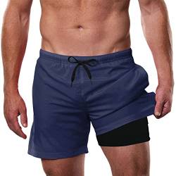 Dancinova Badehose Herren Badehosen Männer Badeshorts Schwimmhose 5.5'Kompression Liner Schnelltrocknend Druck mit Boxershorts Liner Blau XXL von Dancinova