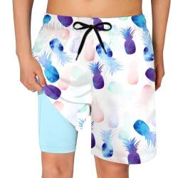 Dancinova Badehose Jungen Badeshort Kinder Kompression Liner Badeshorts 3D Hawaiianische Ananas Schwimmhose mit Boxershorts Liner 10-12 Jahre von Dancinova