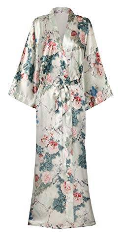 DandyChic Kimono-Bademantel für Damen, Blumenmuster, lang, leicht, seidig, Nachtwäsche, Braut-Bademantel, Weiß/Pfingstrose, X-Large-XX-Large von DandyChic