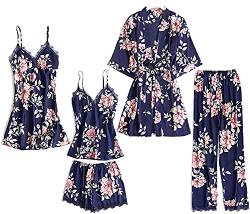 Danfiki Damen Nachthemd Set Satin Schlafanzug 5PC Morgenmantel Kimono Spitze Kurz Bademantel Robe Schlafanzug Pyjama Nachtwäsche Trägerkleid Shorts und Hosen Dessous Lace Mit Blumen von Danfiki