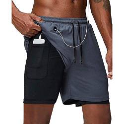 Danfiki Herren 2 in 1 Shorts Fitness Sporthose Kurz Jogginghose Schnelltrocknende Laufhose mit Kompressionsshorts und Taschen Reißverschlussfach von Danfiki